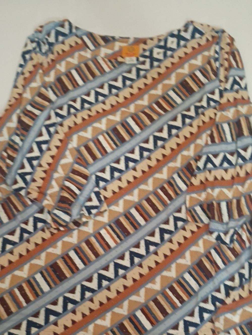Ruby Rd. Geo-Print Women’s Top in Blue, Tan and Cream Gold Bead Detail Office